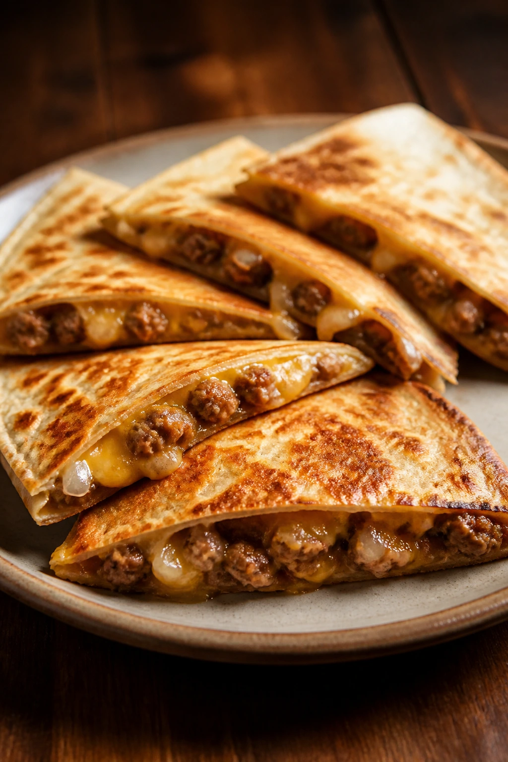 Close-up of sausage quesadillas on a plate