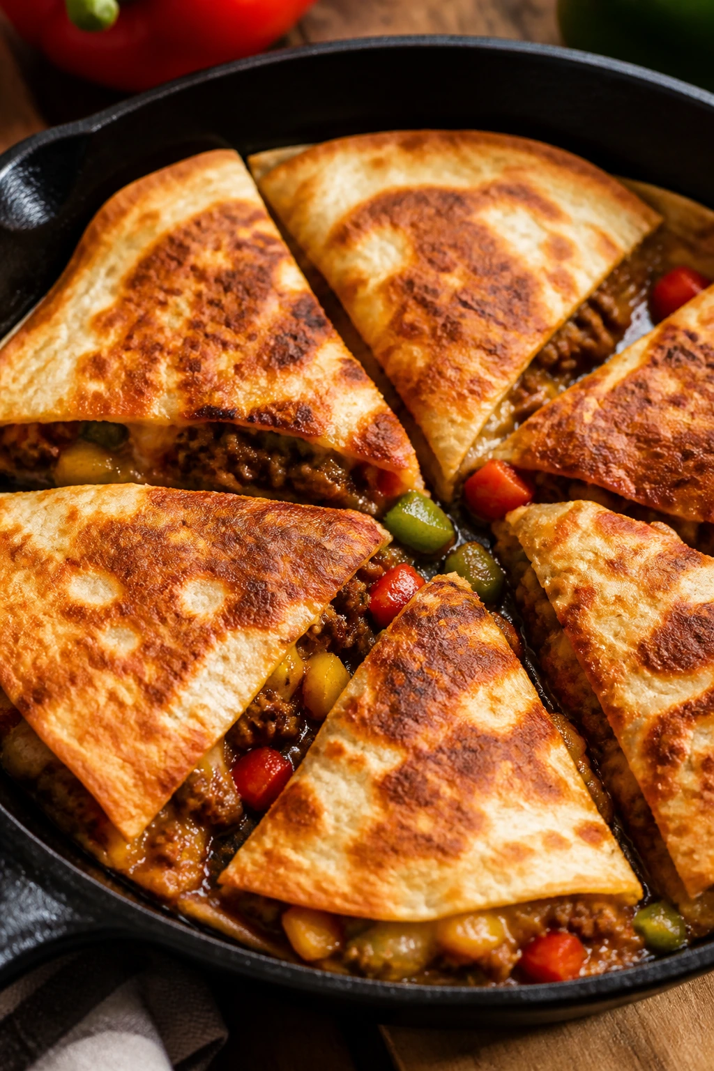 Sausage quesadilla wedges in a skillet