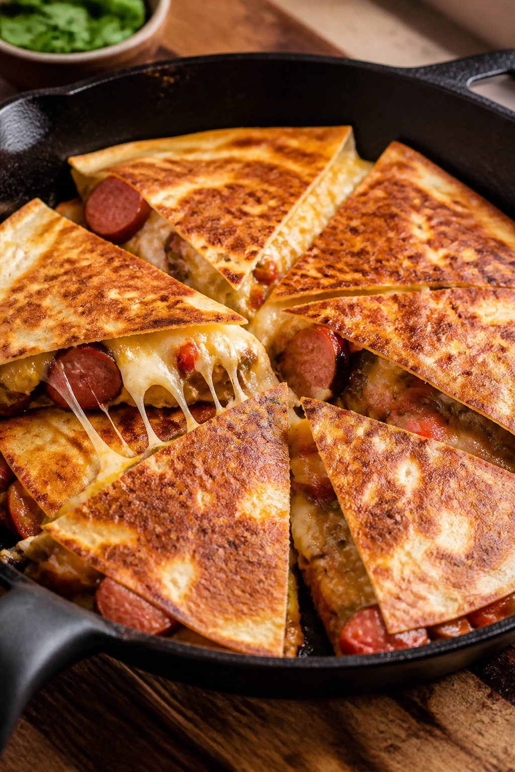 Quesadilla wedges with melted cheese and sausage in skillet