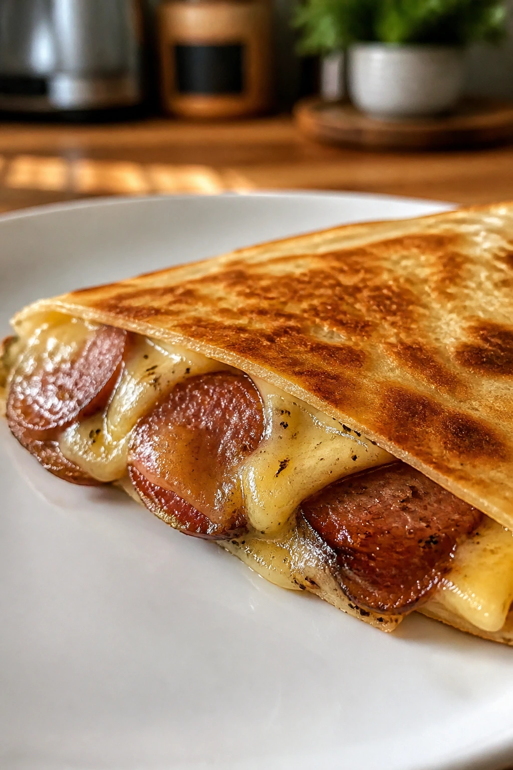 Quesadilla wedge with smoked sausage and pepper jack