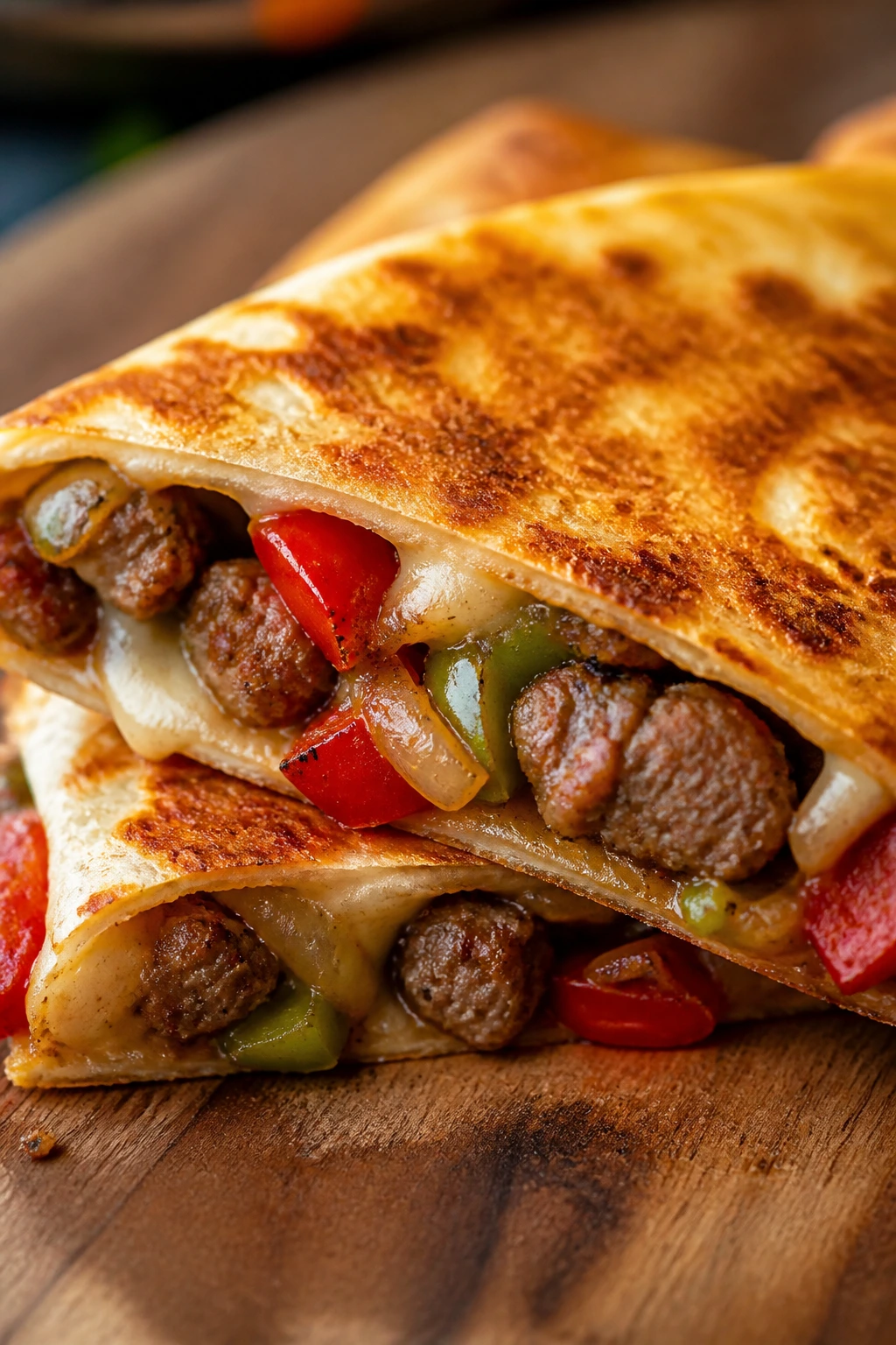 Close-up of sausage quesadilla with peppers and onions on wooden board