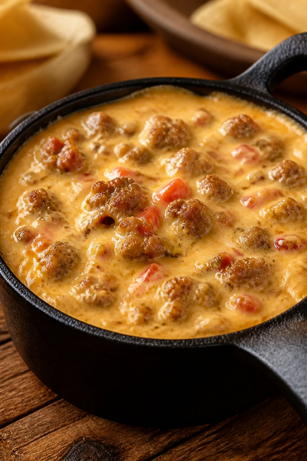 Close-up of creamy sausage queso dip in a cast-iron bowl on a wooden counter