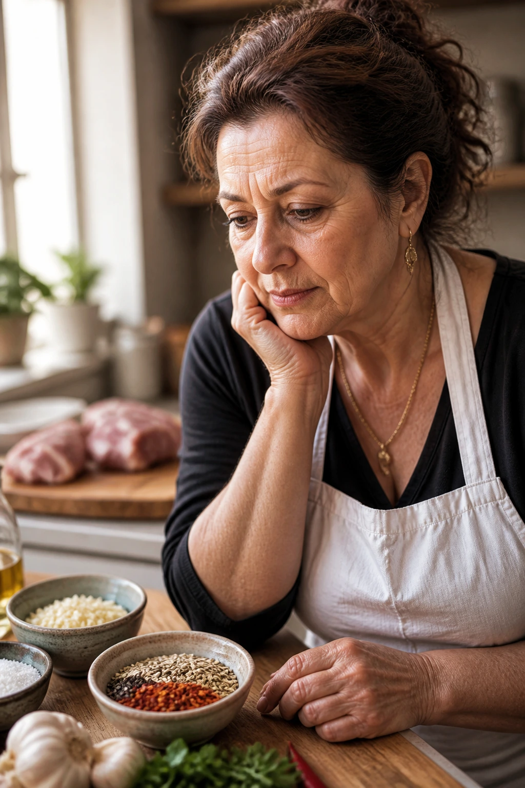 Portrait of a home cook in a kitchen, pondering sausage prep questions.