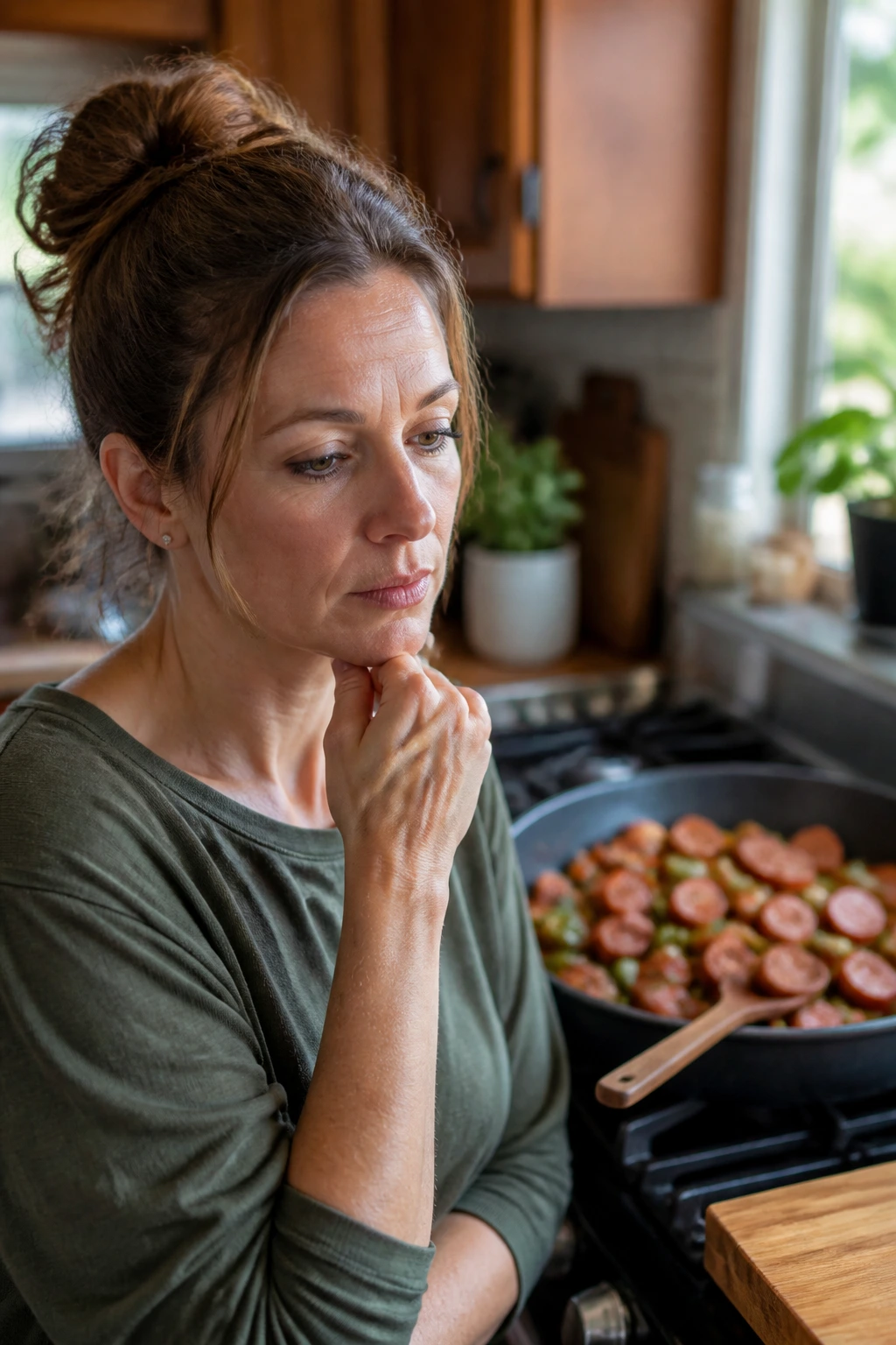 Portrait of a real person thinking about sausage dinner questions in a kitchen