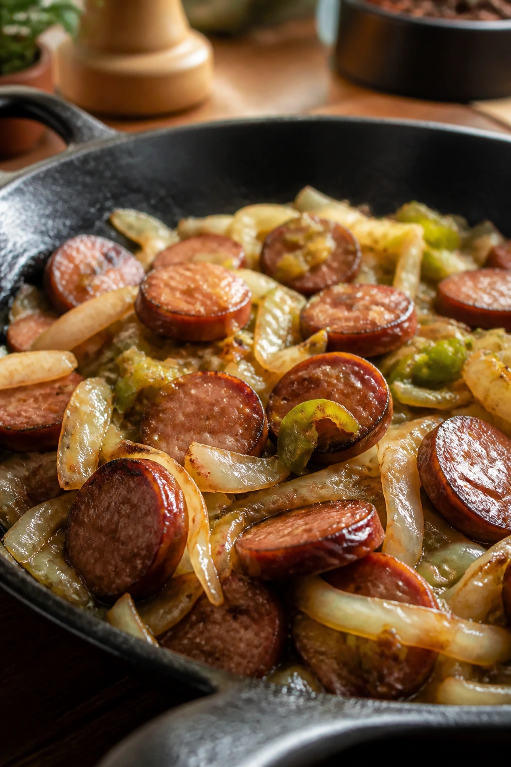 Sizzling smoked sausage in a skillet illustrating quick weeknight dinners