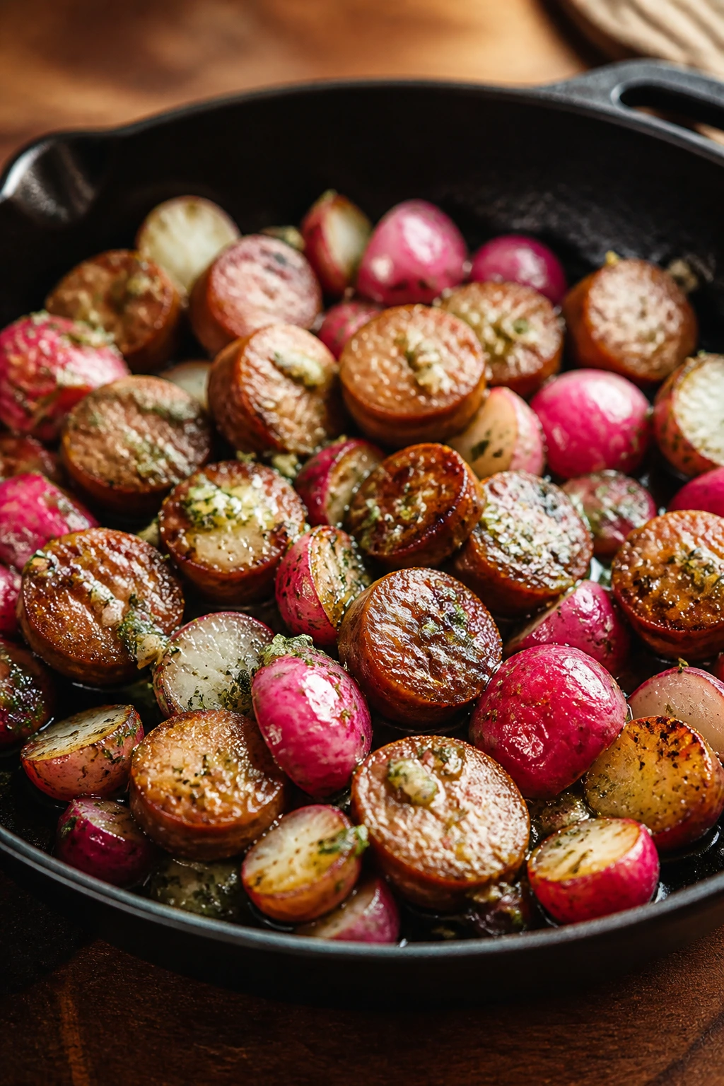 Close-up of sausage with roasted radishes and herb butter
