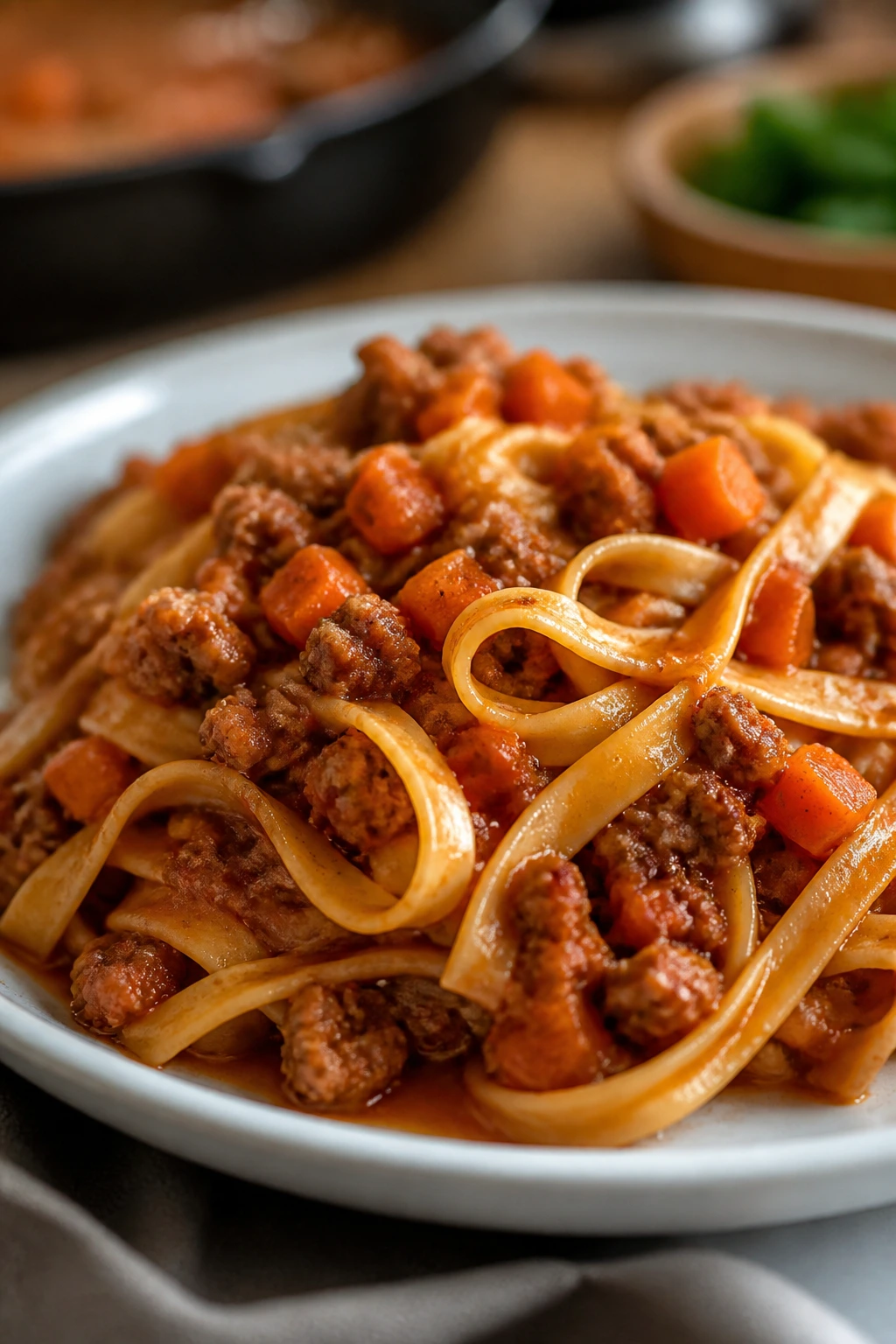 Plate of pasta with sausage ragù and carrots in a bowl