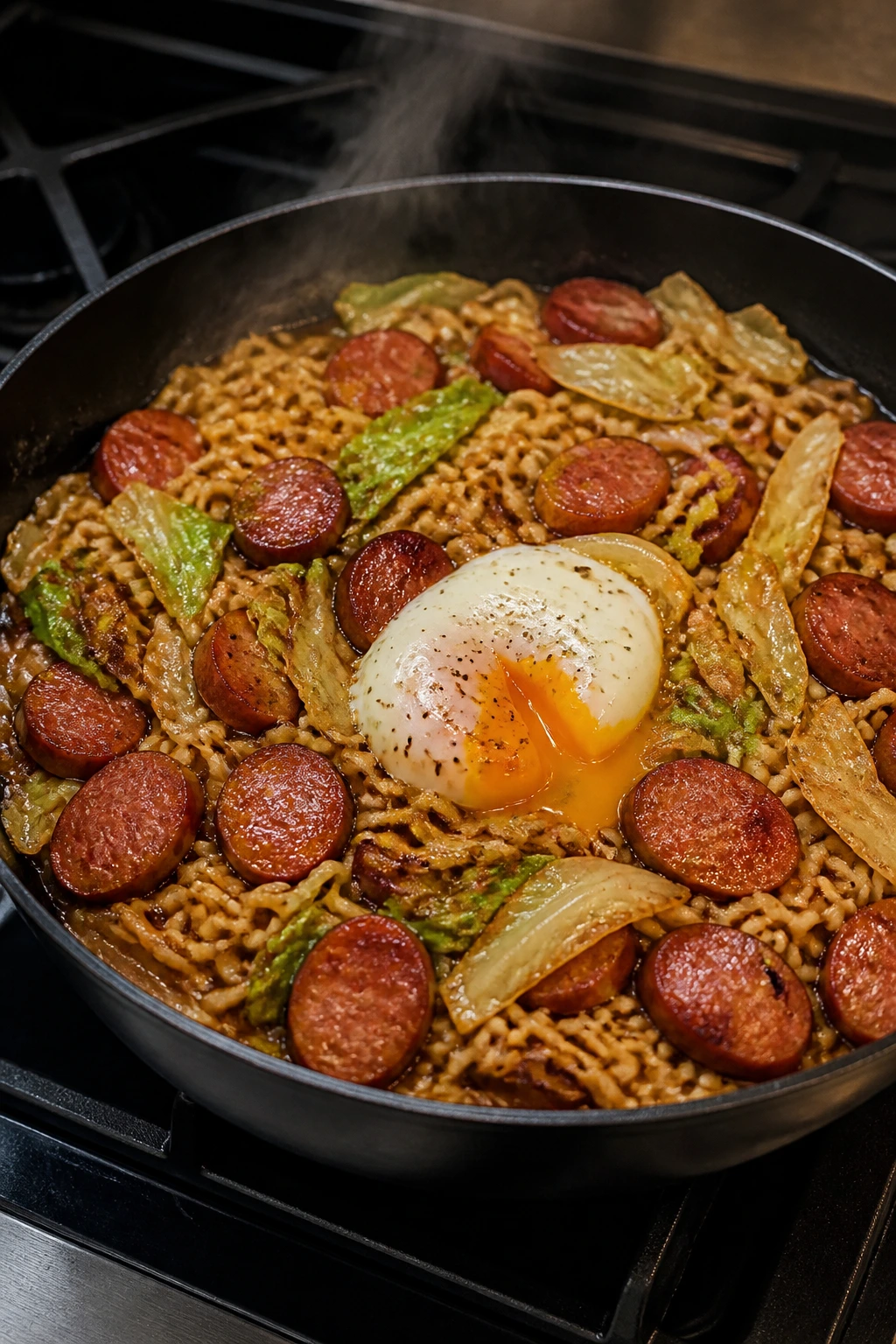 Ramen skillet with sausage, cabbage and a jammy egg steaming on the stove