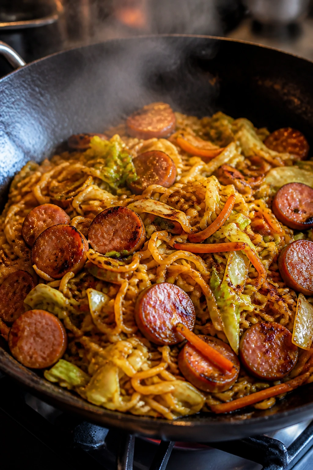Stir-fried sausage ramen with cabbage and carrots in a wok