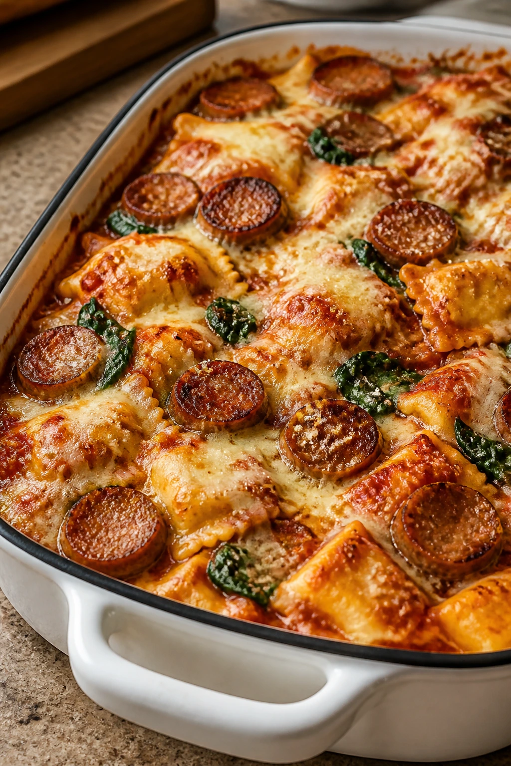 Close-up of sausage ravioli bake bubbling in marinara with melted mozzarella
