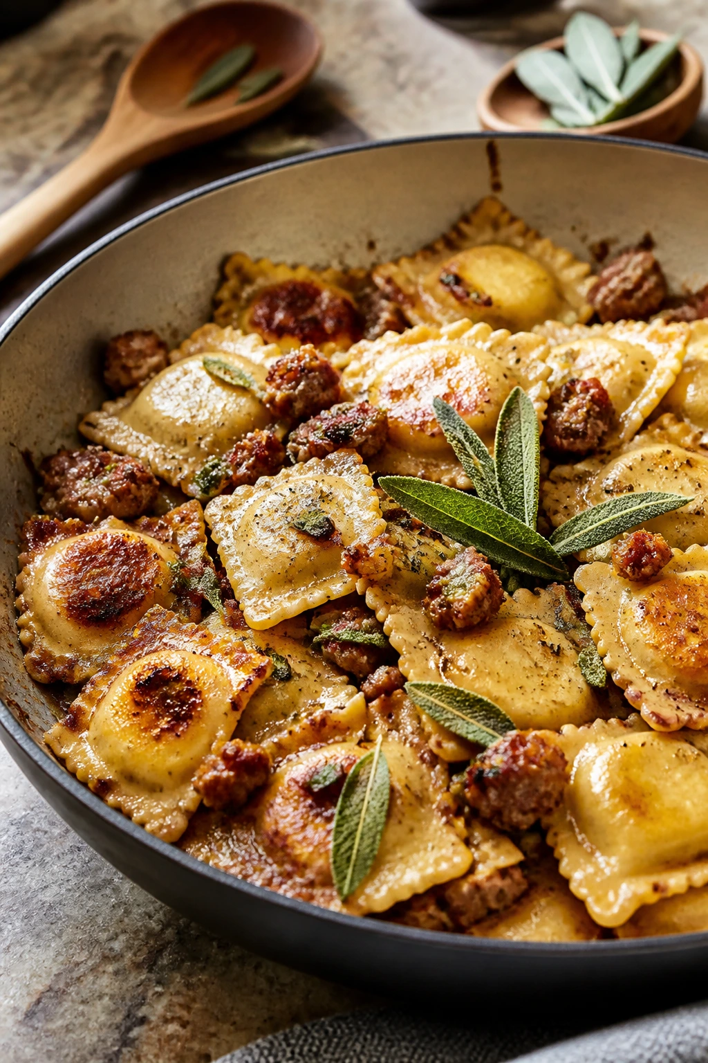 Ravioli in a skillet with sage butter and sausage