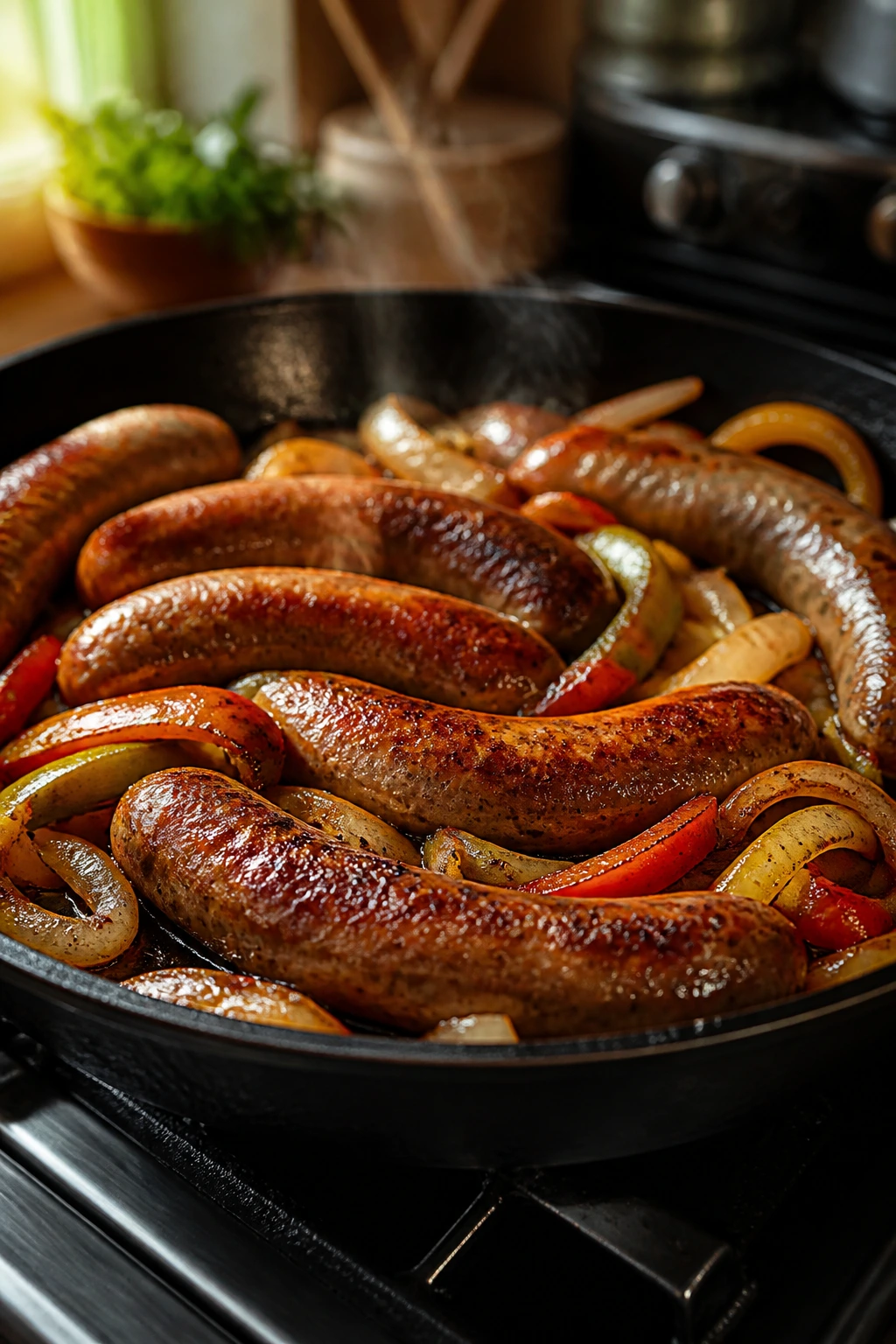 Close-up of browned sausage with peppers and onions in a skillet, home kitchen setting