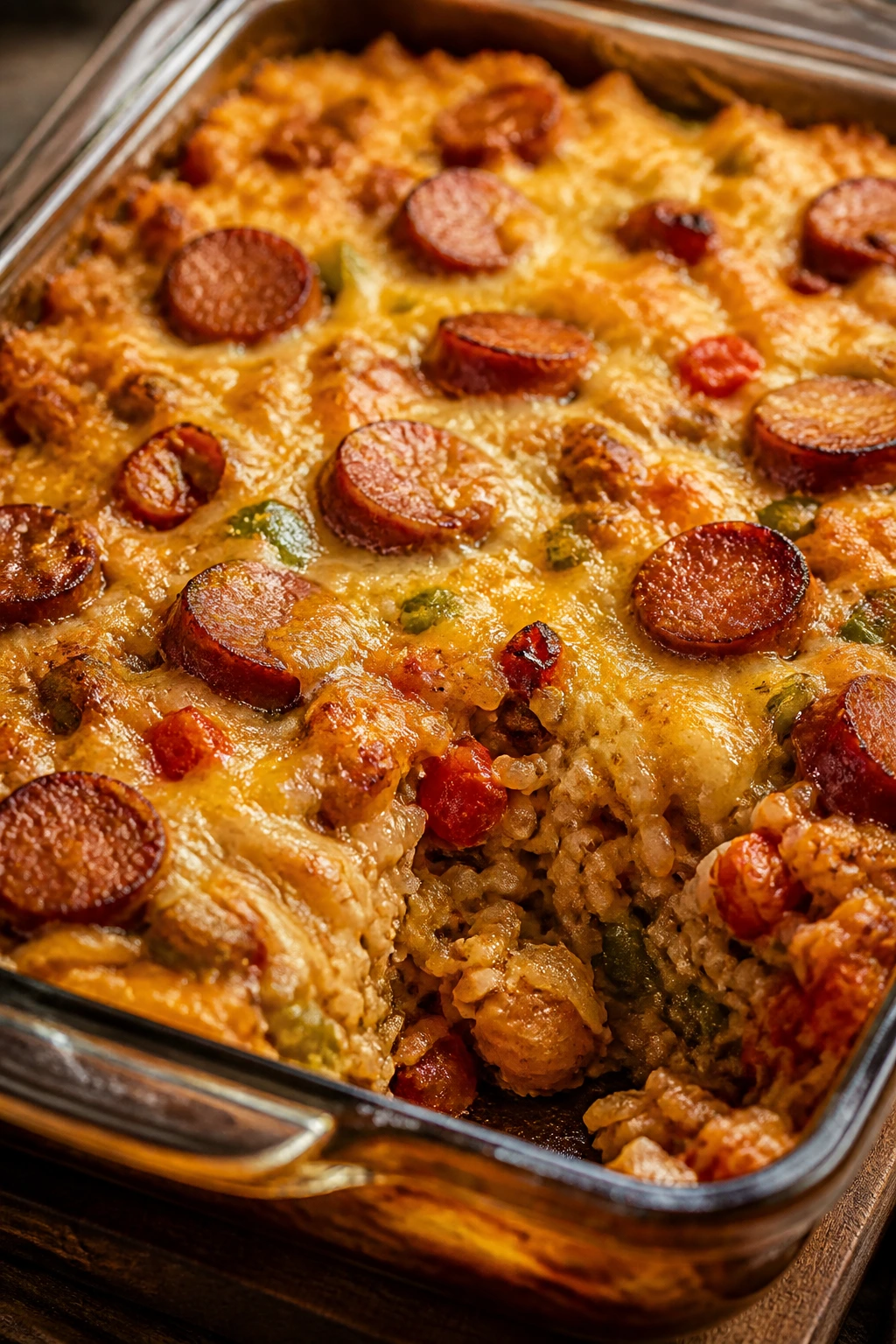 Close-up of sausage rice casserole with melted cheese on top