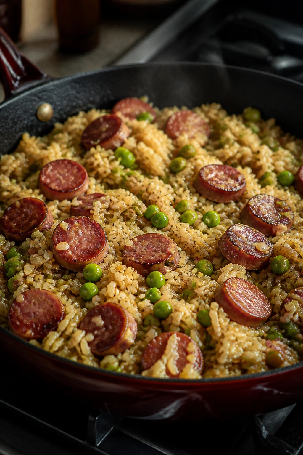 Deep skillet with sausage, rice, and peas in a savory mix, steam rising
