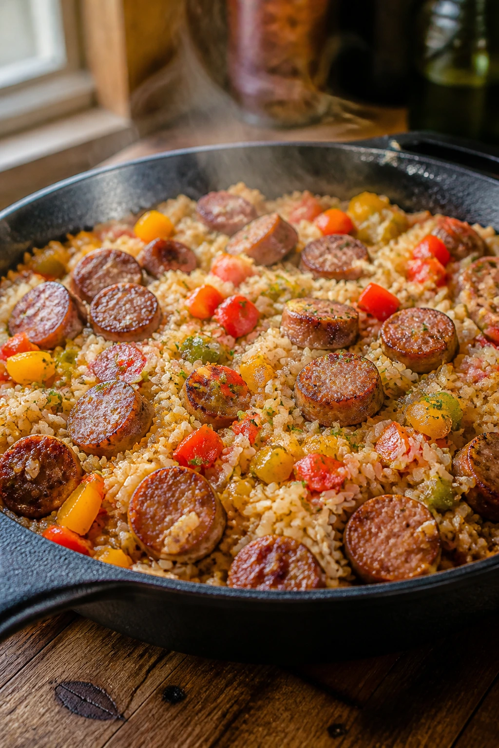 Close-up of One-Pan Sausage Rice Peppers in cast-iron skillet with steam.