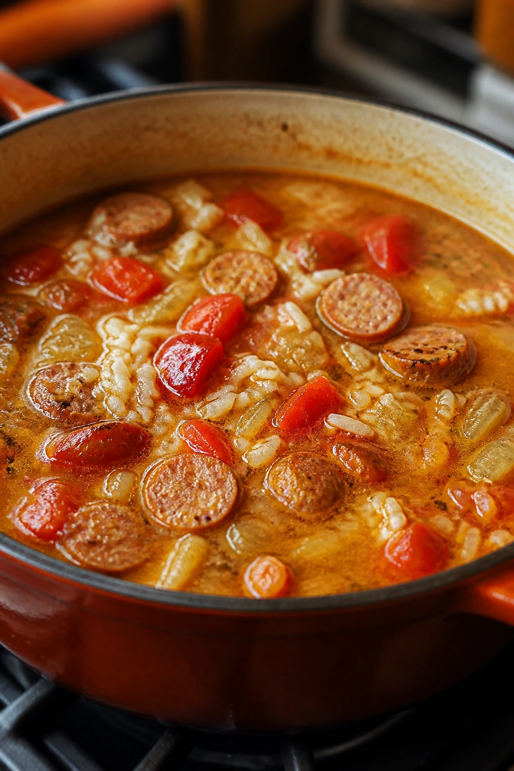 Close-up of Sausage Rice Roasted Pepper Soup in a bowl with peppers and rice