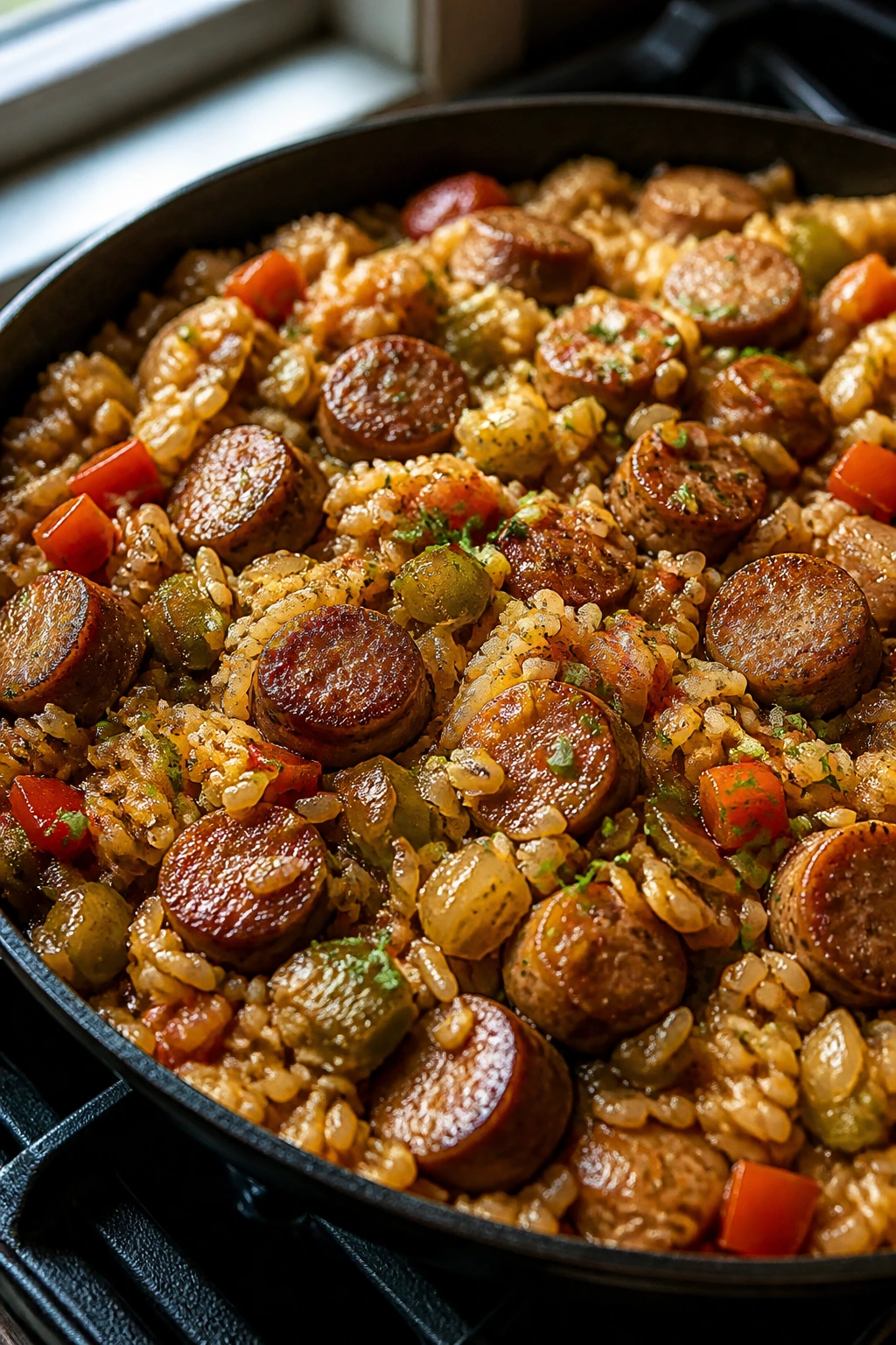 Close-up of sausage and rice skillet in one pan