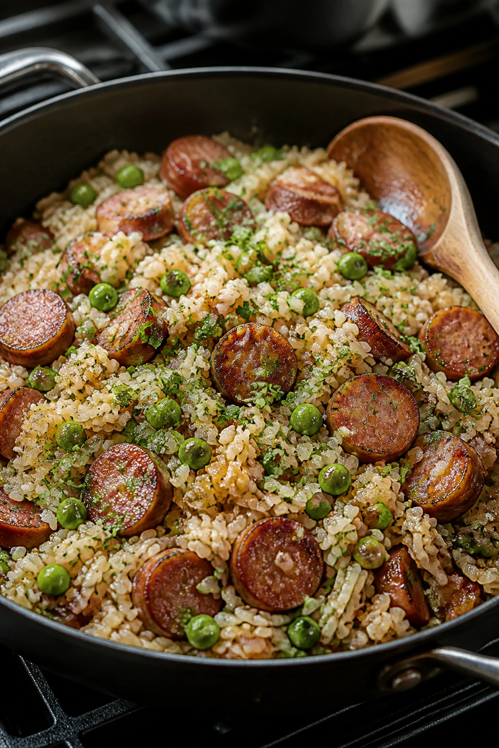 Deep skillet with sausage rice and peas in a warm kitchen