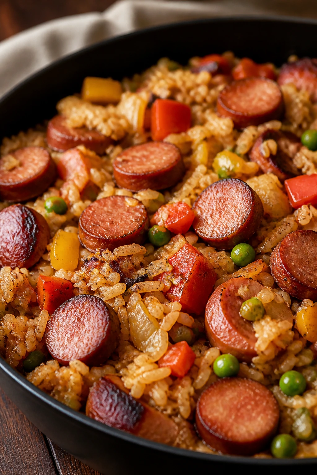 Sauteed sausage with rice, peppers and peas in one pan.