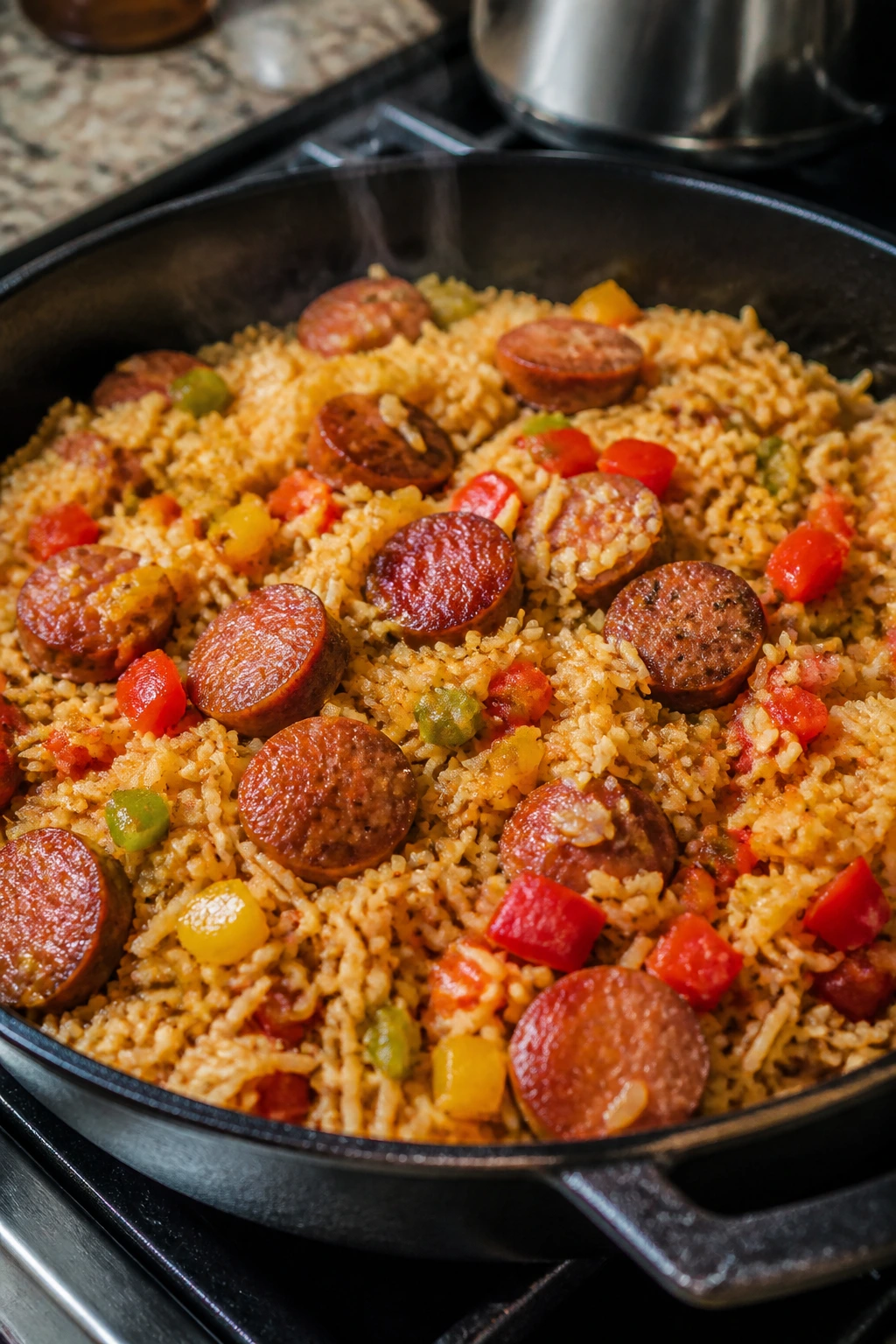 Close-up of one-pan sausage and rice with sausage slices and peppers in a skillet