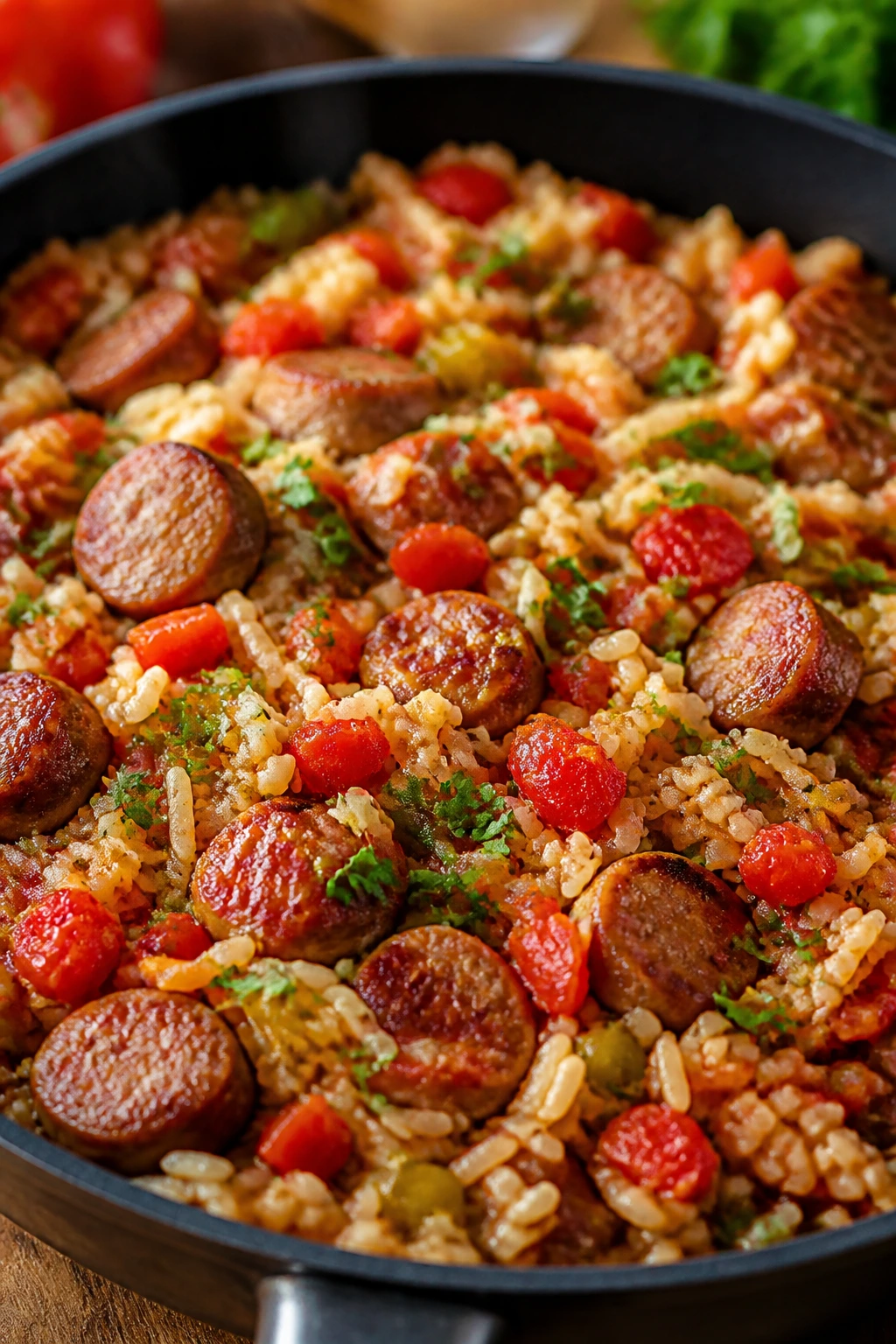 Close-up of sausage and rice skillet with tomatoes hot on the stove.