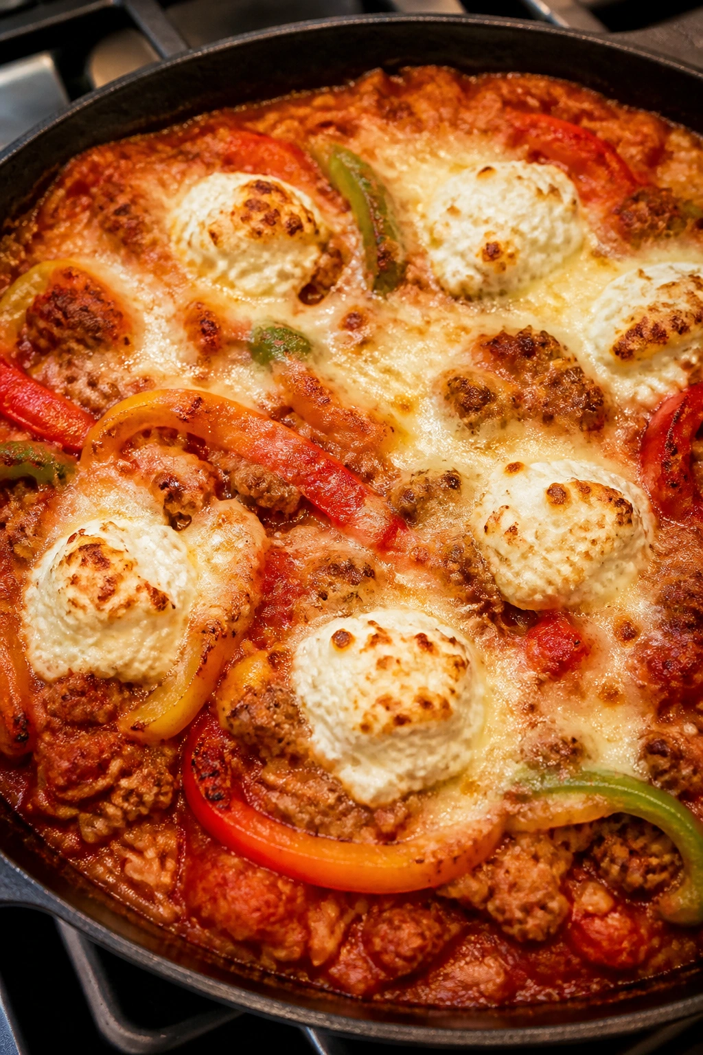 Peppers and sausage with ricotta in a skillet