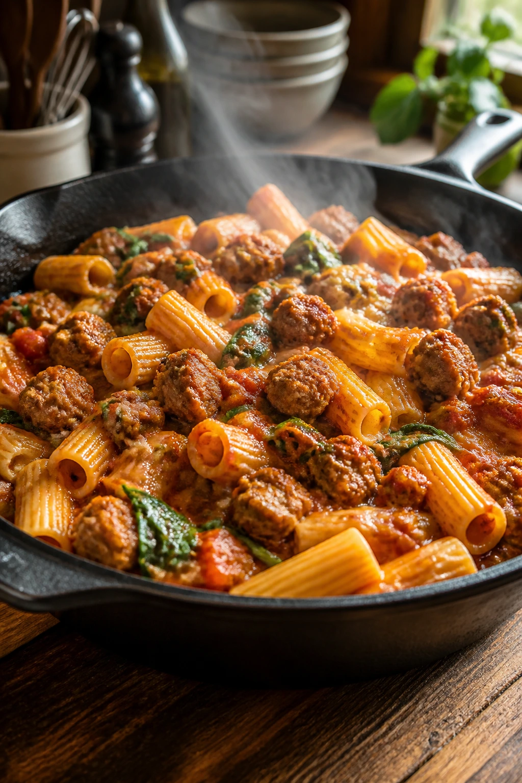 Close-up of Sausage Rigatoni Skillet with sausage, rigatoni, spinach in marinara sauce on a cast-iron skillet