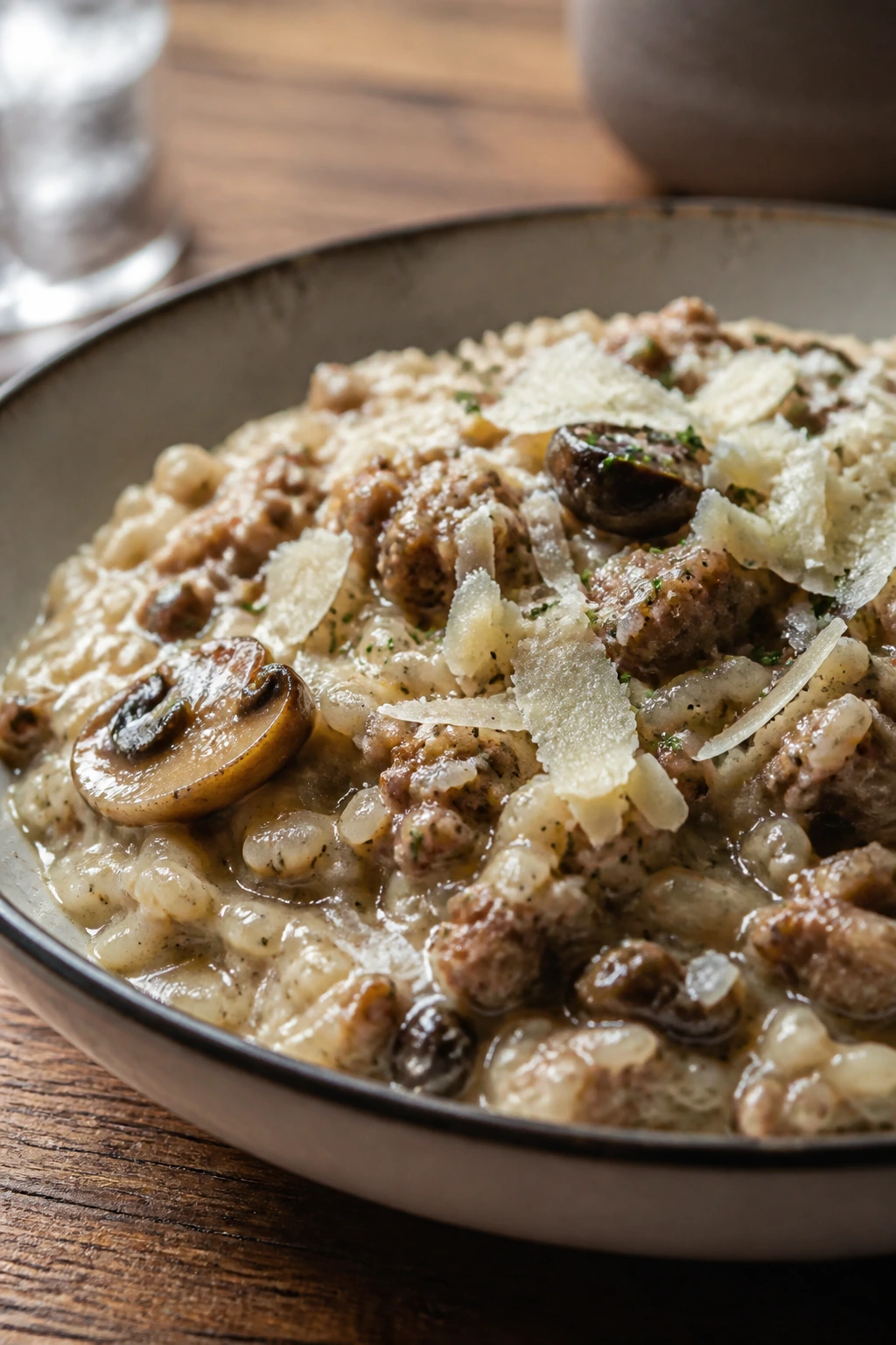 Creamy sausage risotto with mushrooms and parmesan in a bowl