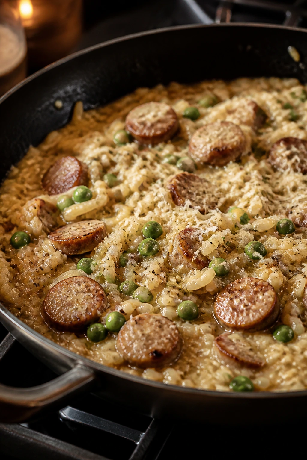 Creamy sausage pea risotto in a skillet