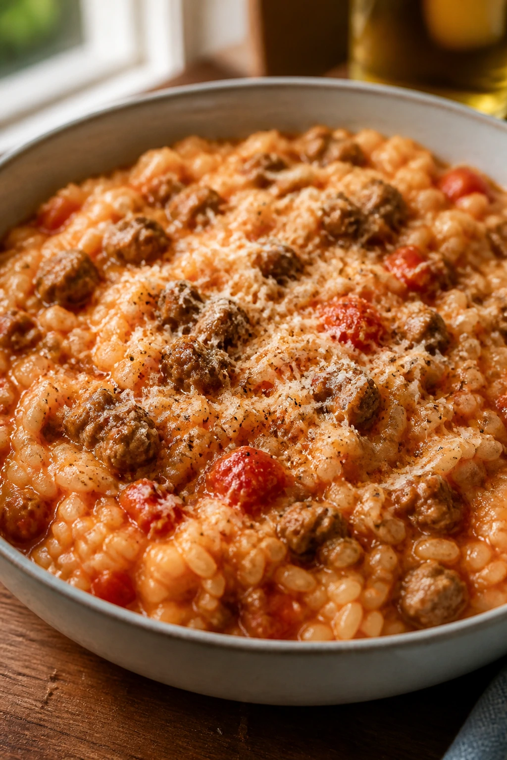Creamy sausage tomato risotto in a shallow bowl