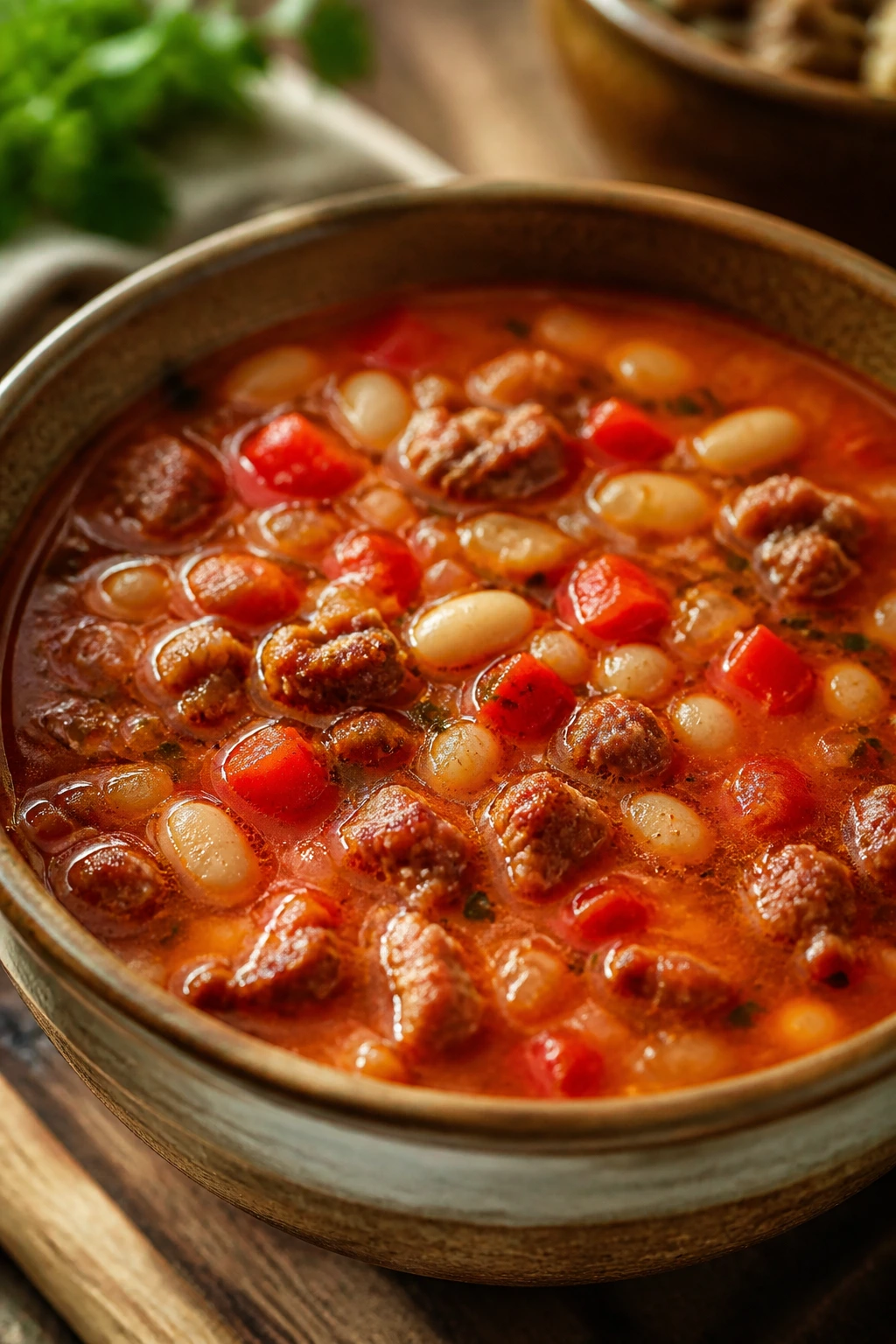 Close-up of sausage roasted red pepper bean soup in a bowl with peppers visible