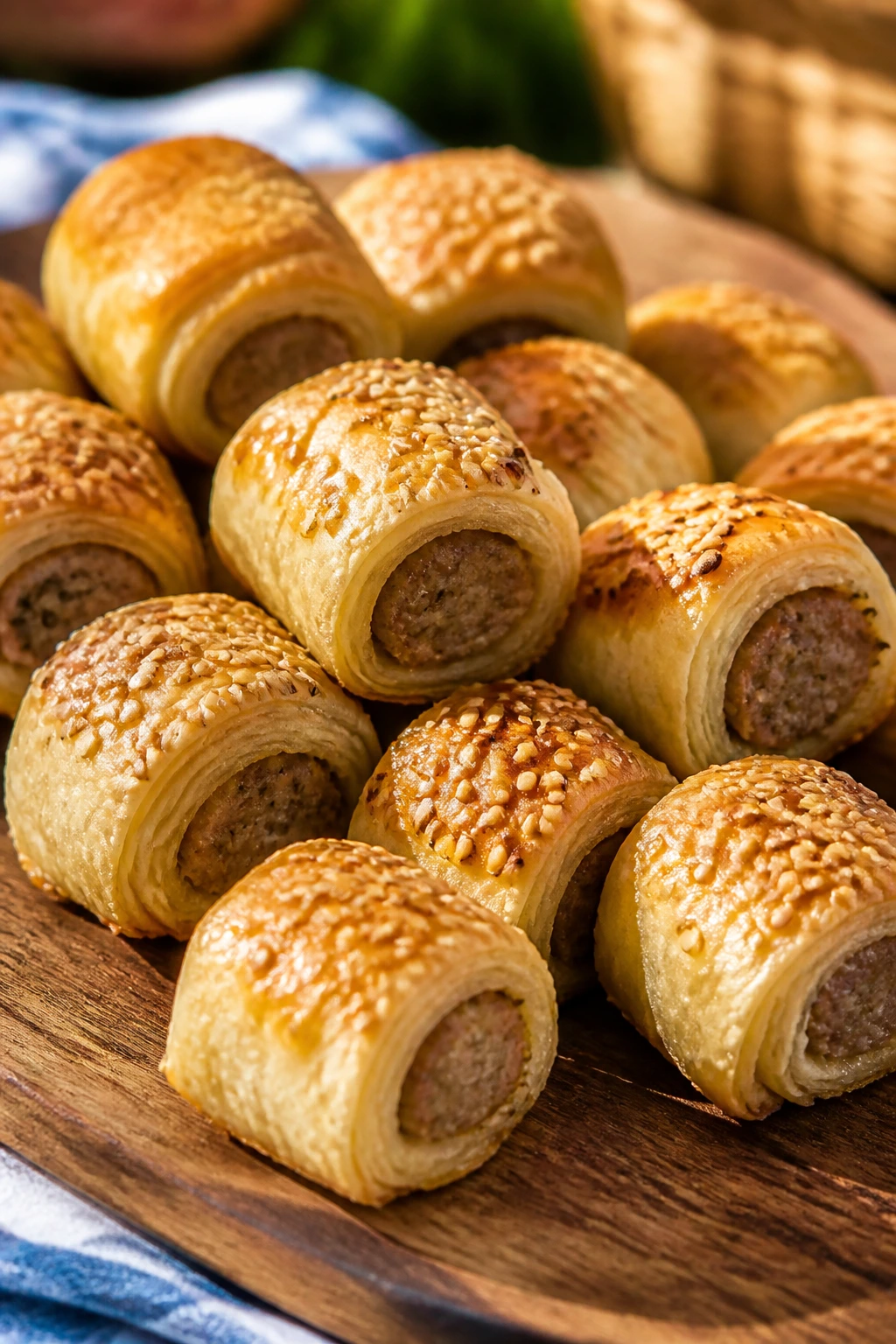 Close-up of sausage roll bites on a wooden board outdoors
