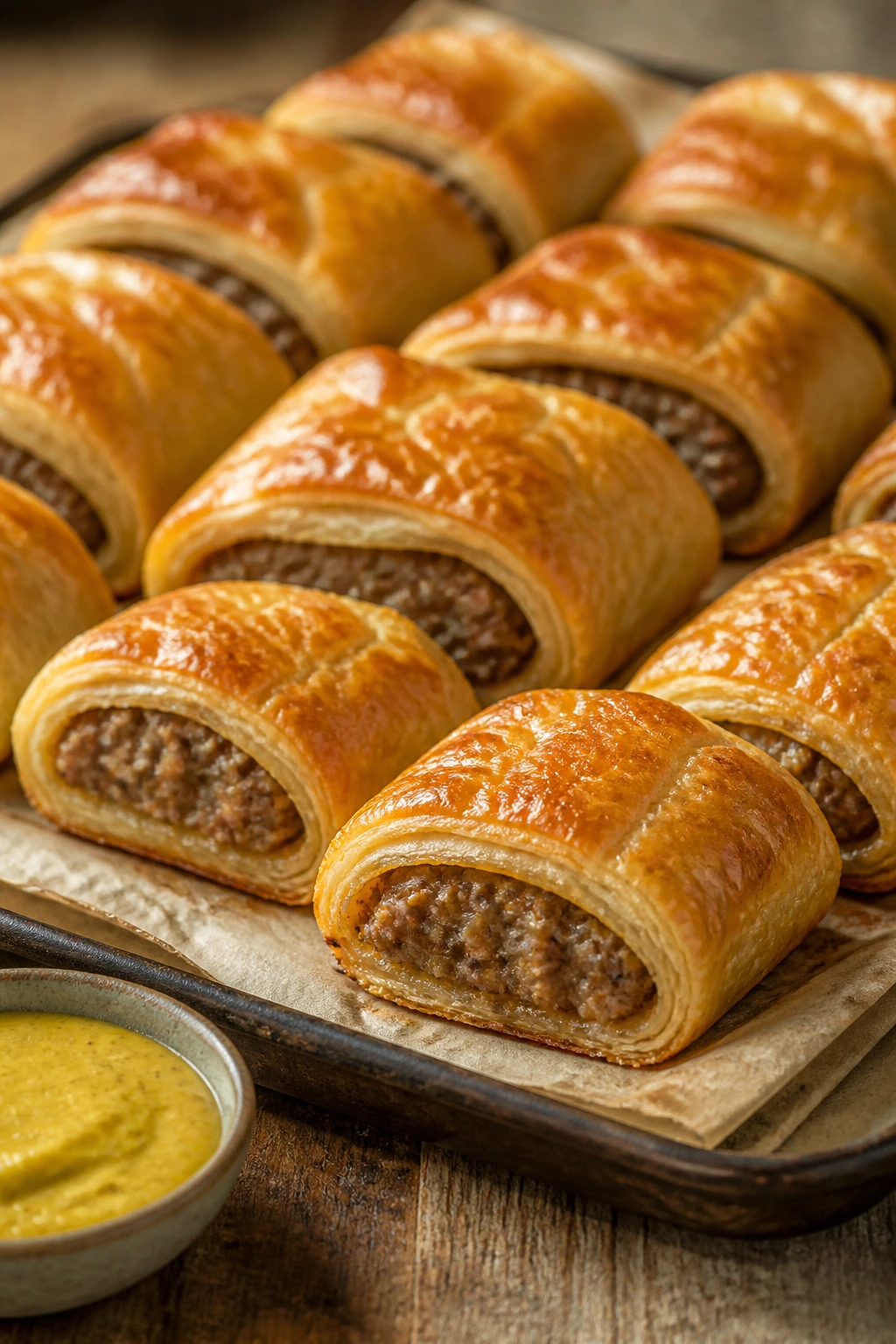 Golden sausage rolls on a wooden counter