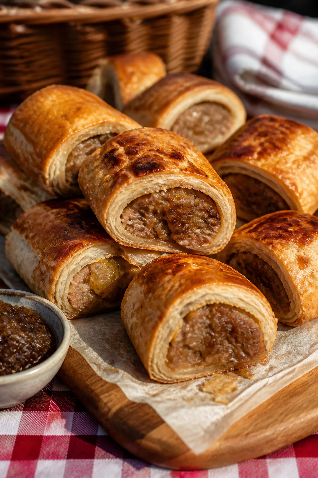 Sausage rolls with onion marmalade on a rustic board outdoors at a picnic.