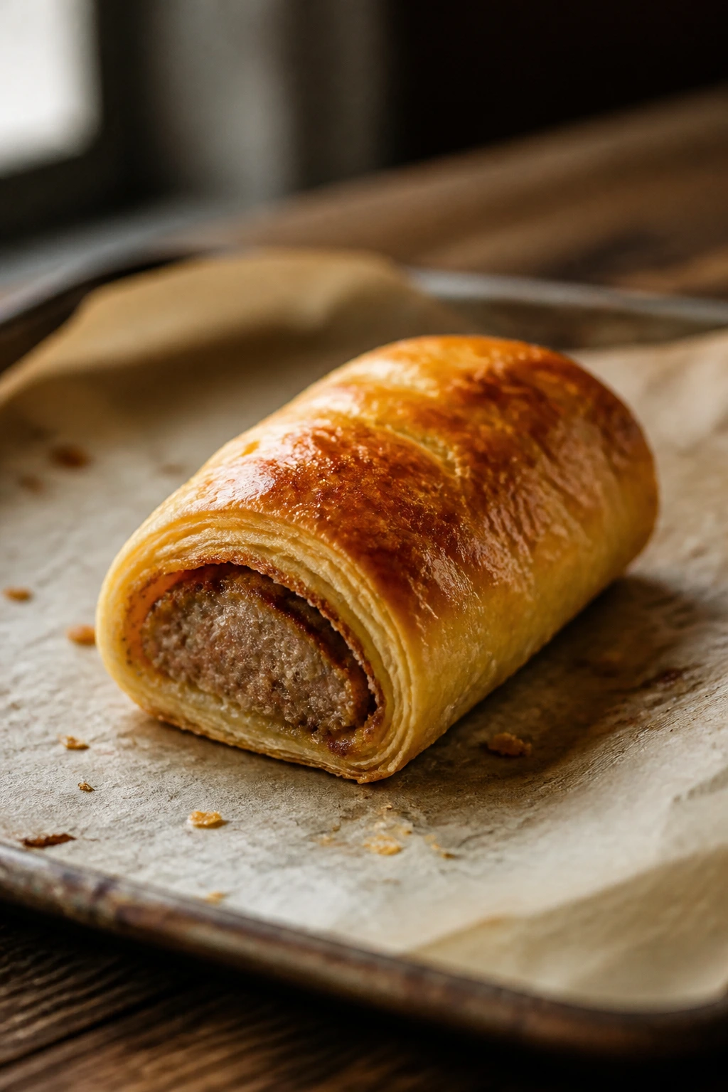 Close-up of a golden mini sausage roll on parchment on a wooden counter