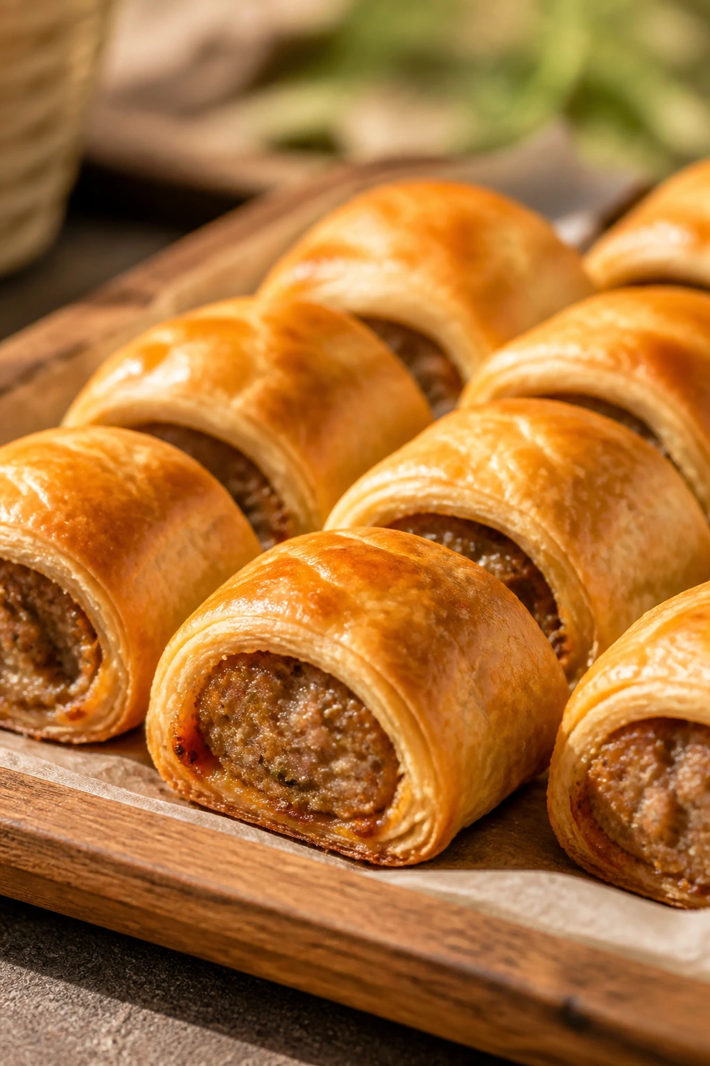 Close-up of golden mini sausage rolls on parchment on a picnic table