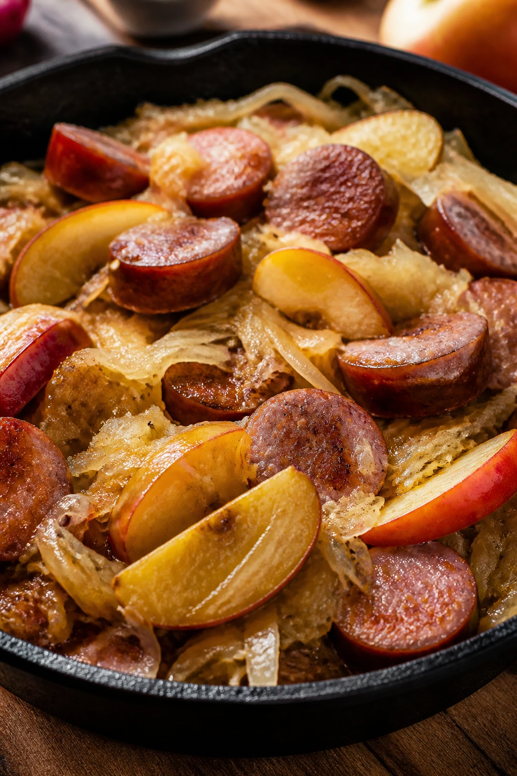 Smoky kielbasa with sauerkraut and apples in a skillet