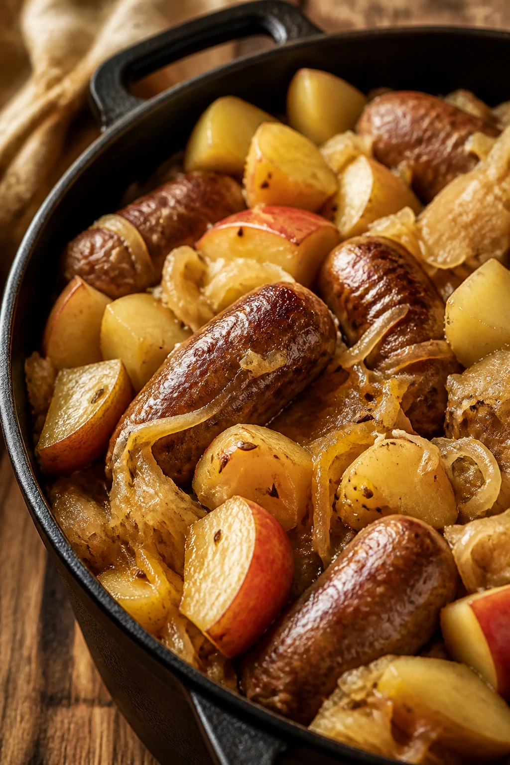 Close-up of Sausage Sauerkraut Apples Potatoes dish in cast-iron pot