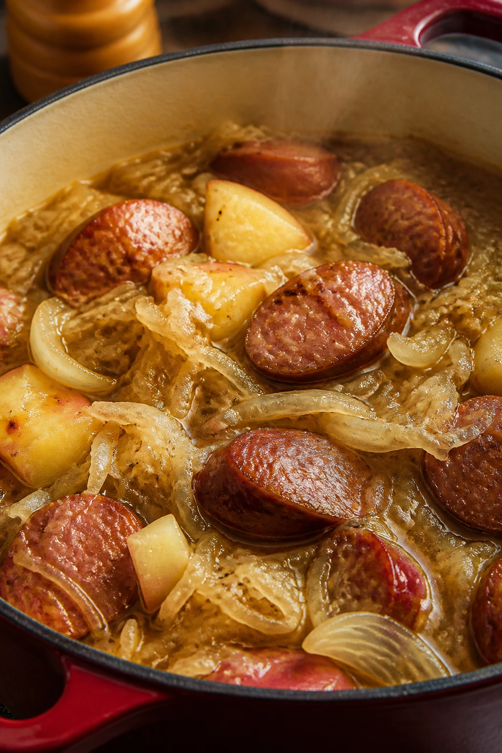 Dutch oven sausage sauerkraut braise