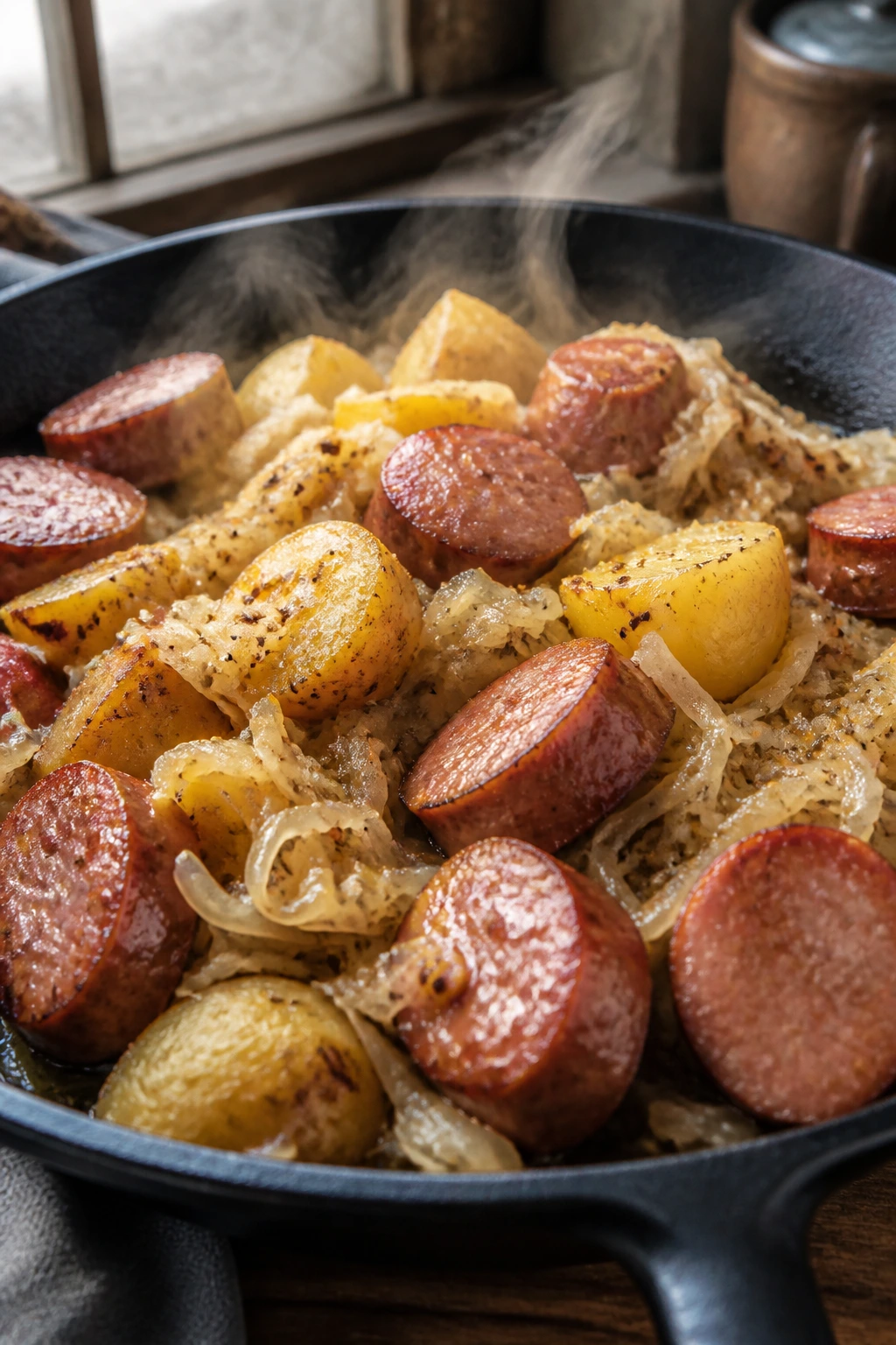 Cast-iron skillet with smoked sausage, sauerkraut, and mustard potatoes