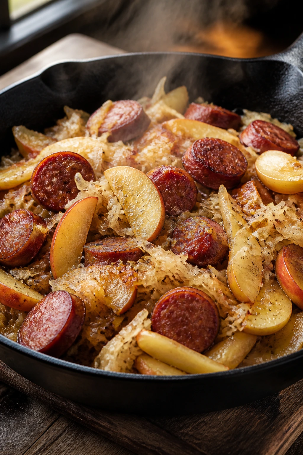 Skillet of sausage with sauerkraut and apples, steaming.