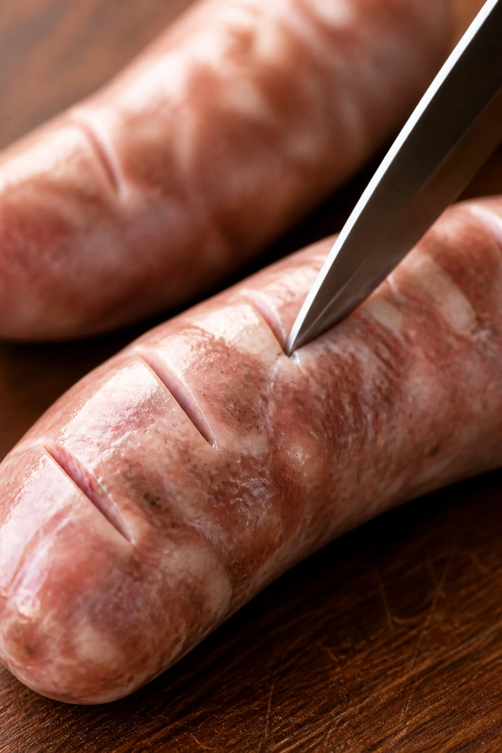 Sausage with light scoring marks on its casing