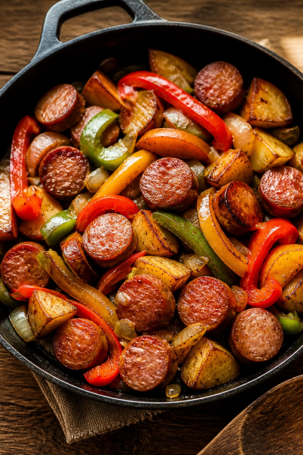Cast-iron skillet with sausage and vegetables ready to serve on a rustic table