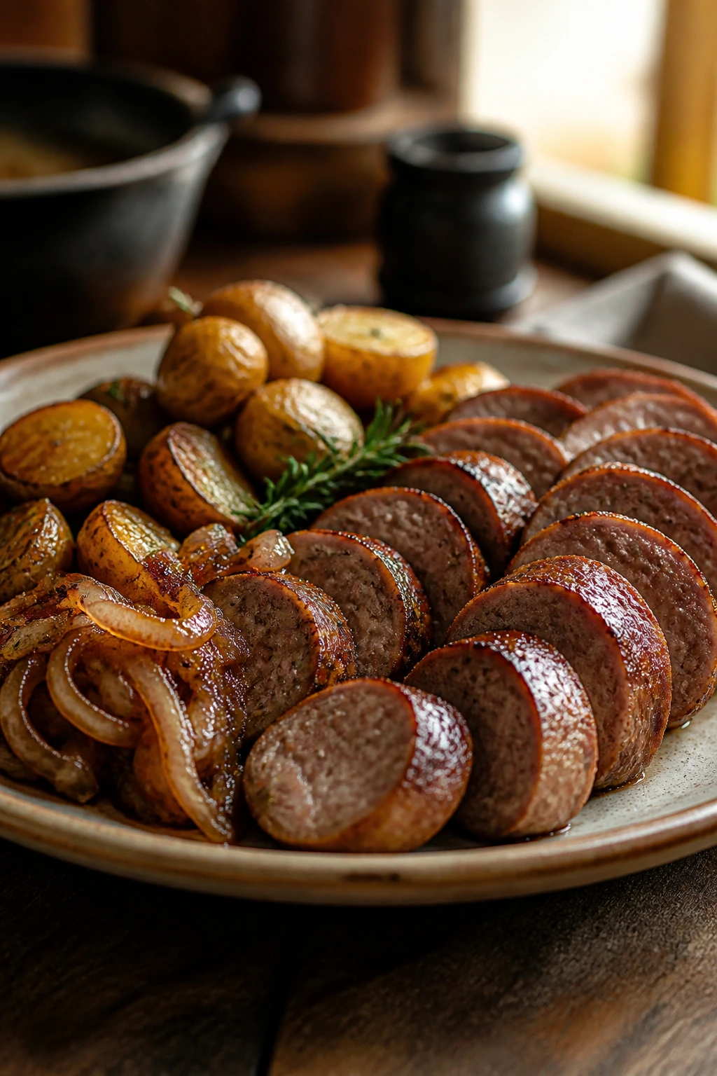 Sliced sausage arranged on a warm platter with onions and potatoes.