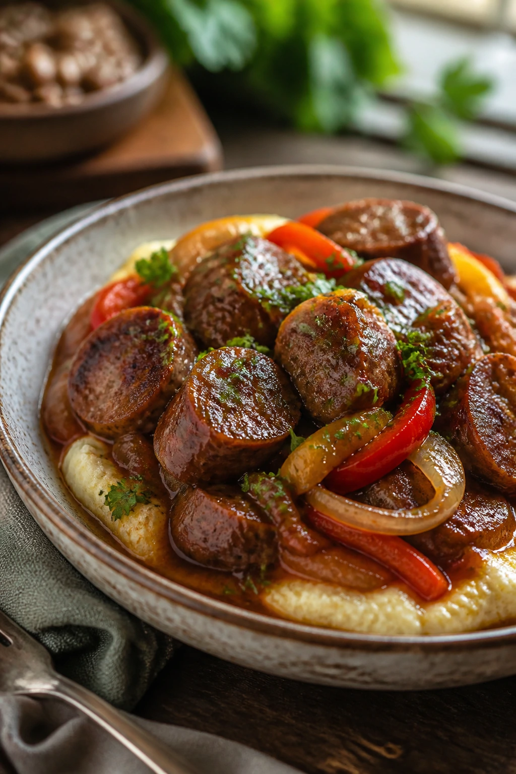 Rustic plated sausage dinner with sauce and herbs