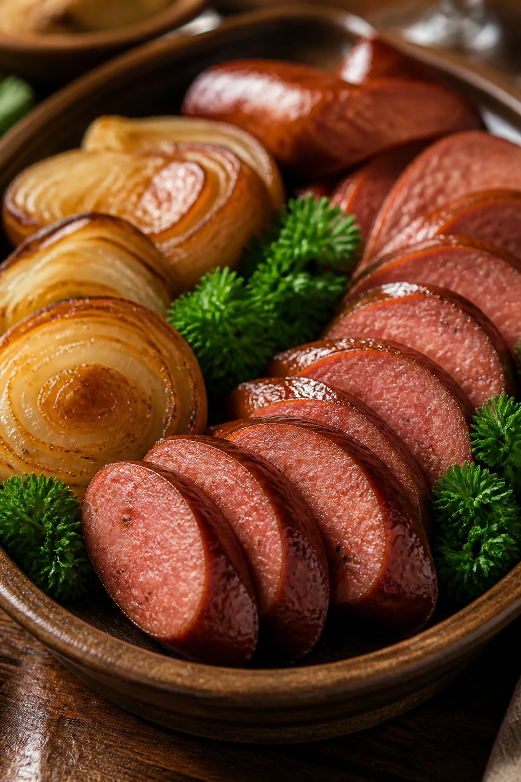Sliced smoked sausage on a warm platter with onions and herbs