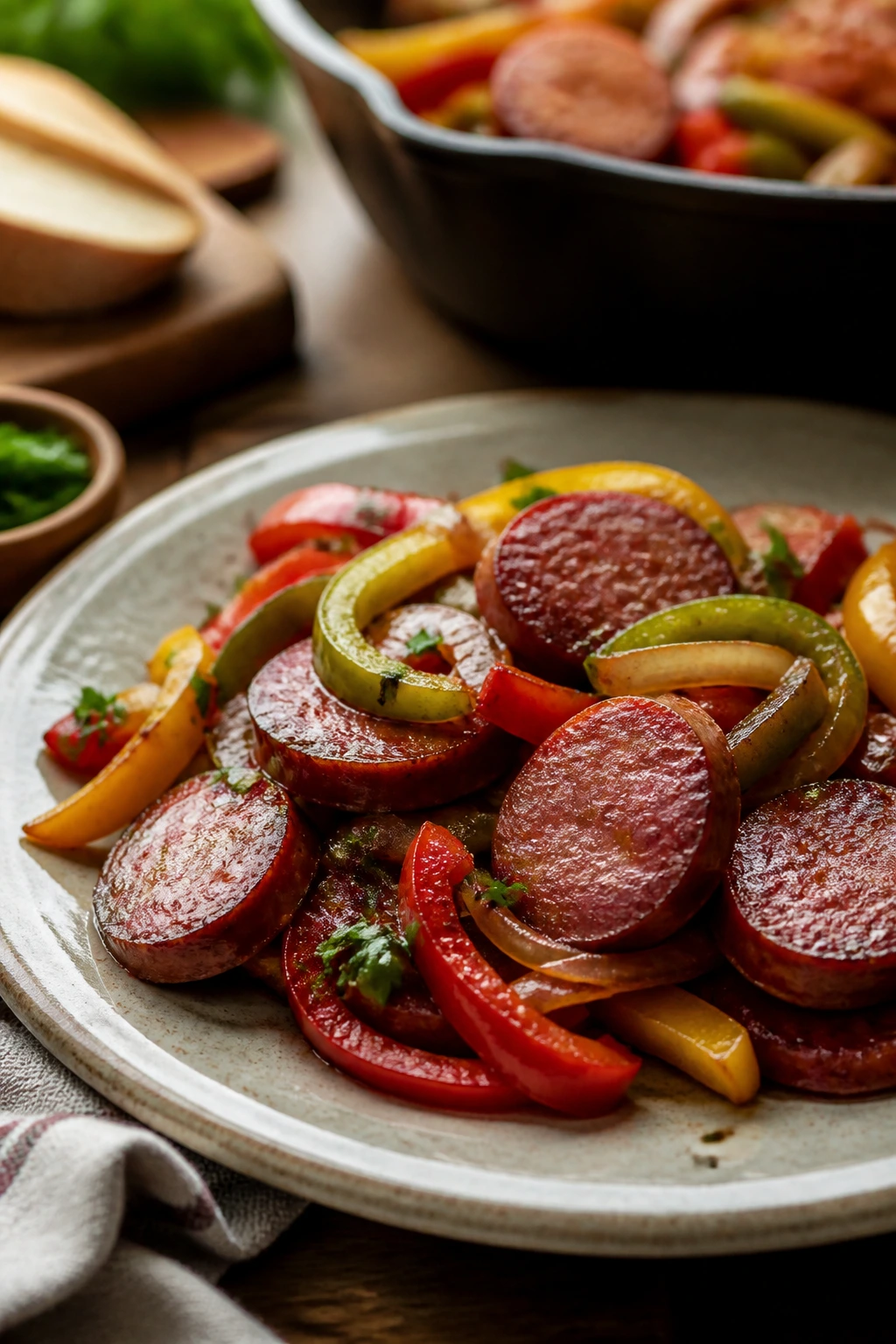 Beautifully plated sausage dish ready to serve in rustic kitchen