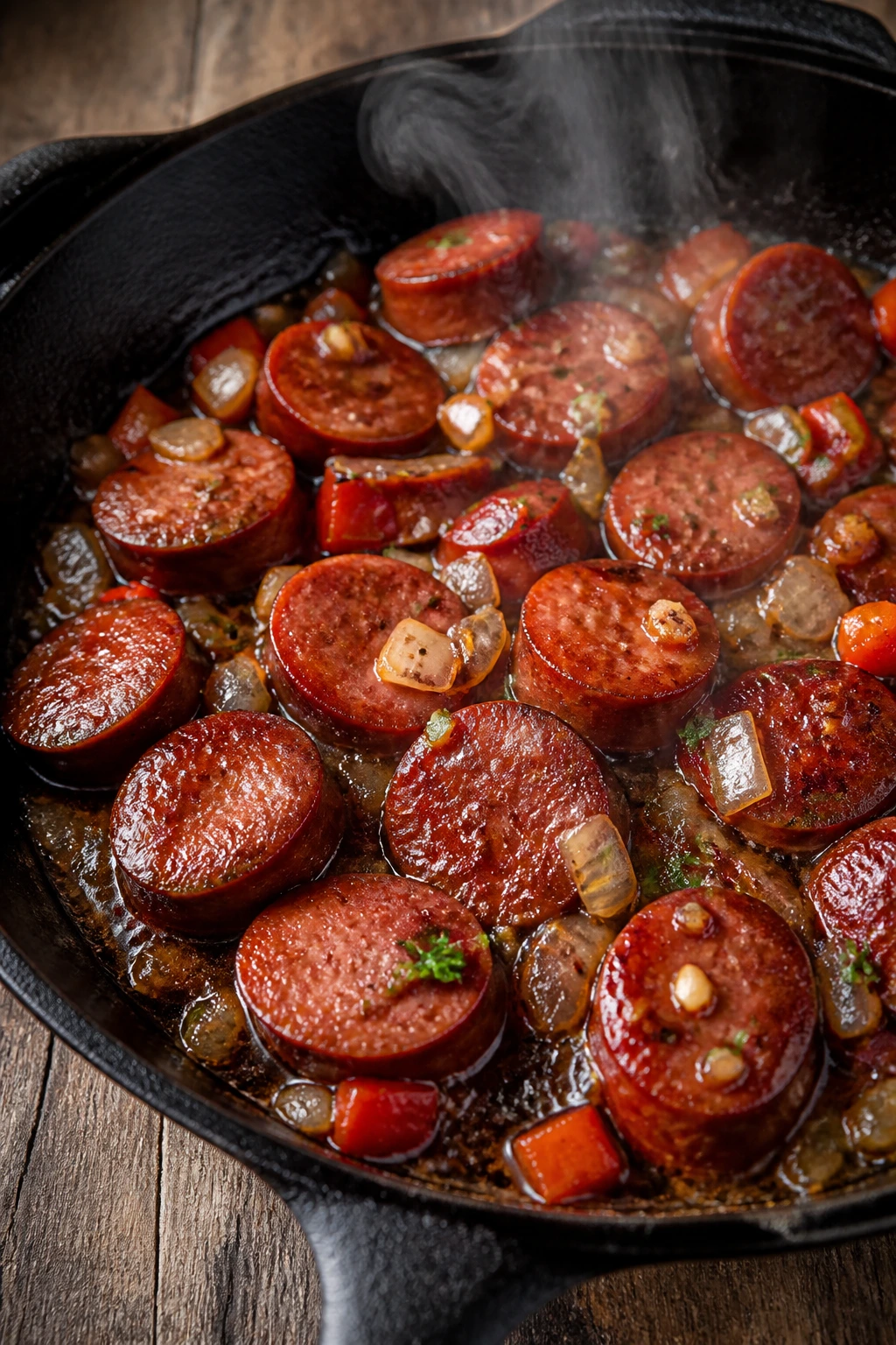 Sausage skillet served on a rustic table with browned slices and sauce