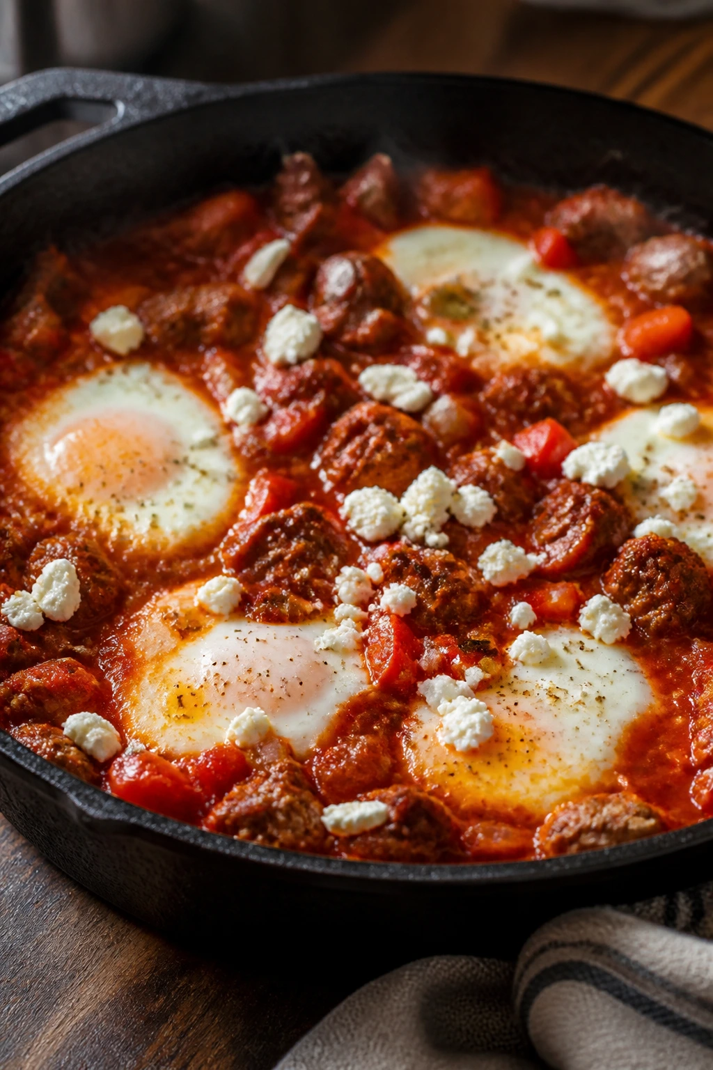 Skillet shakshuka with sausage and feta in a cozy kitchen