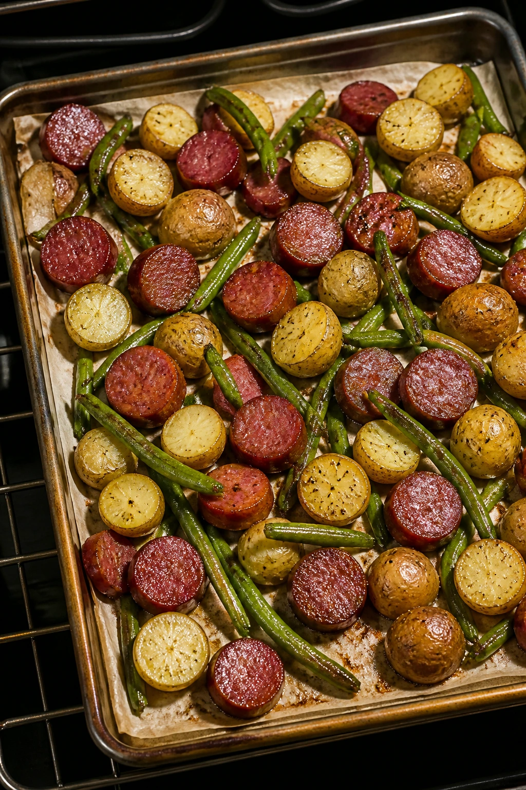Sheet-pan sausage dinner with potatoes and beans